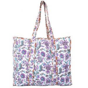 Indian Block Print Quilted Cotton Tote Bag: Reversible Floral Shoulder Bag