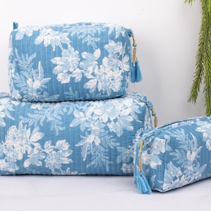 Ensemble de 3 sacs en coton matelassé fait main pour femme, trio maquillage/cosmétique lavable imprimé bloc