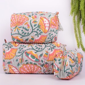 Quilted Cosmetic Bag Set: Block Printed Cotton Toiletry Bags, Set of 3