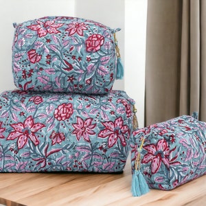 Ensemble de trousses de maquillage matelassées faites main Trousse de toilette en coton respectueuse de l'environnement, imprimé durable pour femmes, lot de 3 pièces de rangement