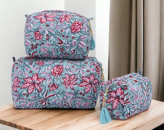 Handmade Quilted Makeup Bag Set Eco-friendly Cotton Wash Bag Sustainable Block Printed Women Toiletry Storage Set Of 3 Pieces