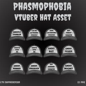 May include: A collection of twelve gray baseball caps with various phrases related to ghosts and the game Phasmophobia. Each cap has white text and the username "Sapphire9289". The image also includes the text "PHASMOPHOBIA VTUBER HAT ASSET".