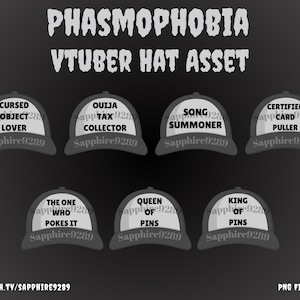 Puede incluir: Un conjunto de siete gorras de béisbol grises con texto blanco, incluyendo "Cursed Lover" y "Ouija Collector". El texto "Phasmophobia Vtuber Hat Asset" está en la parte superior. La imagen también contiene "Sapphire9289" y "PNG FILES".