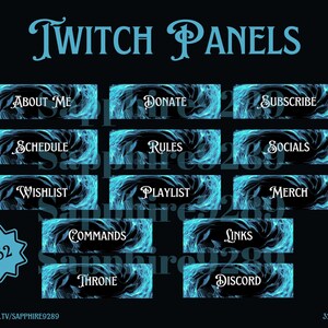 May include: A set of Twitch panels with a blue and black design. The panels include labels such as "About Me", "Donate", "Subscribe", "Schedule", "Rules", "Socials", "Wishlist", "Playlist", "Merch", "Commands", "Links", "Throne", and "Discord".