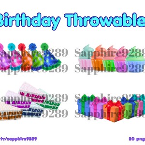 May include: A digital graphic with the text "Birthday Throwables" in blue. The image features colorful party hats, cupcakes, cake slices, and wrapped gifts. The bottom of the image includes the text "twitch.tv/sapphire9289" and "20 png files."