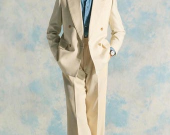 Traje cruzado de rayón terry color crema para hombre, estilo años 40