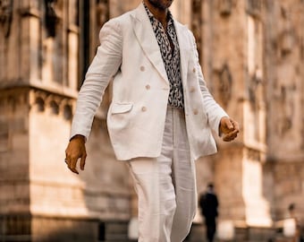 Men's Pure White Linen Double Breasted 2 Piece Suit Peak Lapel Regular Fit Business Formal Wear Suit For Men.