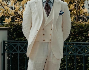 Men's Off white Linen 3 Piece Suit, Slim Fit suit, Wedding Groom Party Wear Coat Pant, Groom Suit, Summer Party suit, LINEN Bespoke suit