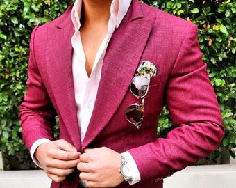 Men's Marron Pure Linen Peak Lapel Blazer for Summer for Men Wedding Beach Party Wear Blazer For Men.