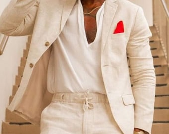 Mens Linen 2 Piece  Suit groom wedding suit summer suit wedding suit men breathable suit with shorts beach wedding suit, gift for him .