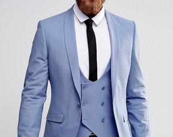 Men's Blue 3 Piece suit With Double Breasted Vest Shawl Lapel Regular Fit Wedding Dinner Party Wear Suit For Men.