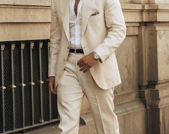 Men&#39;s 1920s Cream Linen 2 Piece Suit, Bespoke Linen suit, Vintage Linen Suit, Summer Wedding suit, Beach Party suit, Men&#39;s Linen Blazer.