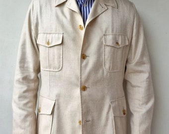 1970s Vintage Linen Safari Jacket, Oversized 4-Pocket Travel Jacket