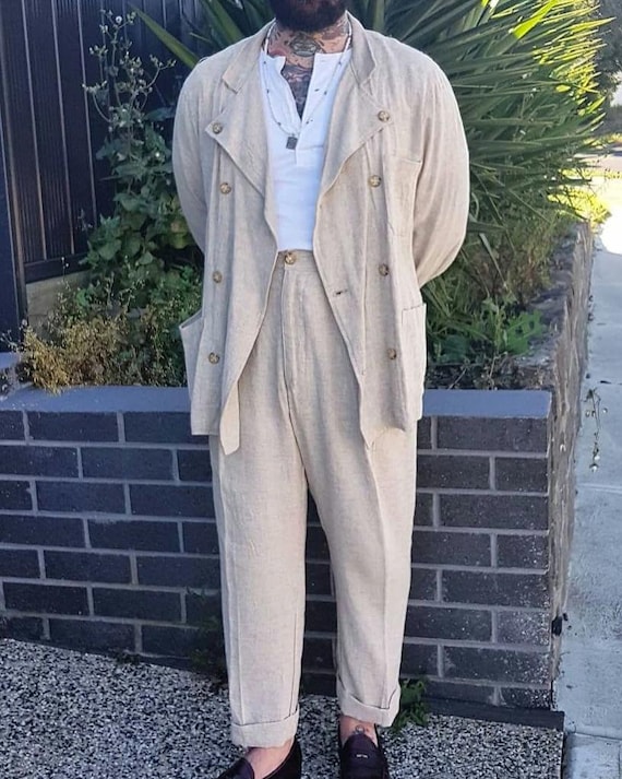Traje holgado de piezas de lino beige estilo antiguo para hombre, traje  de lino a medida, traje de lino vintage, traje de boda de verano, traje de