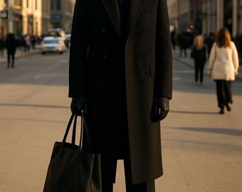 Dwurzędowy płaszcz zimowy męski w kolorze czarnym, wełniany płaszcz w stylu vintage, prezent na Walentynki.