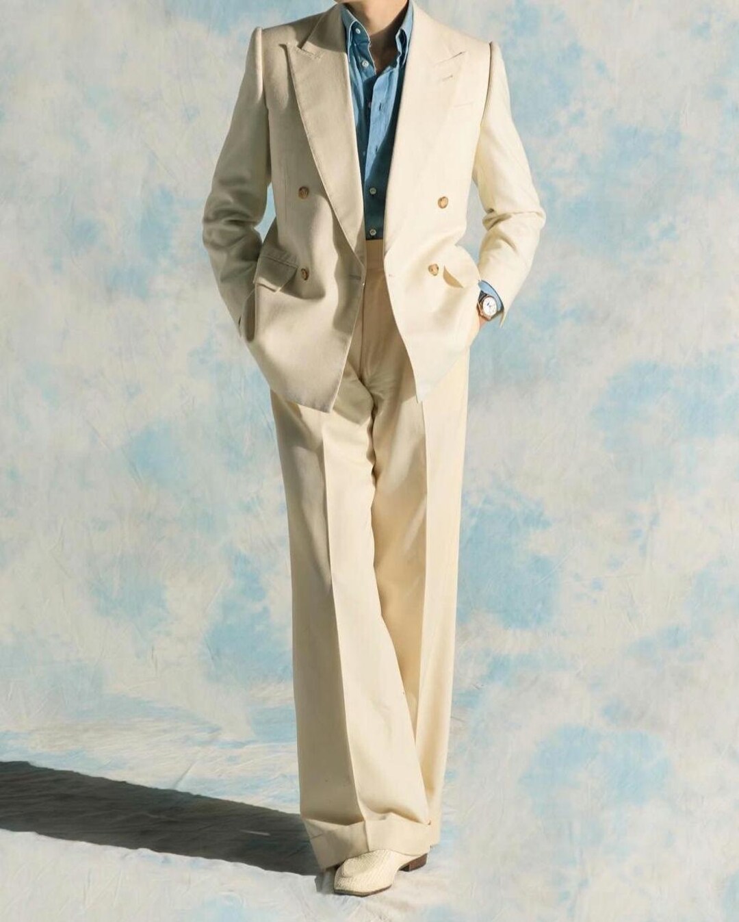 ジャケット・アウター 90s sheer beige double-breasted jacket Vintage Beige Men's Double Breasted Suit Jacket 100% Wool