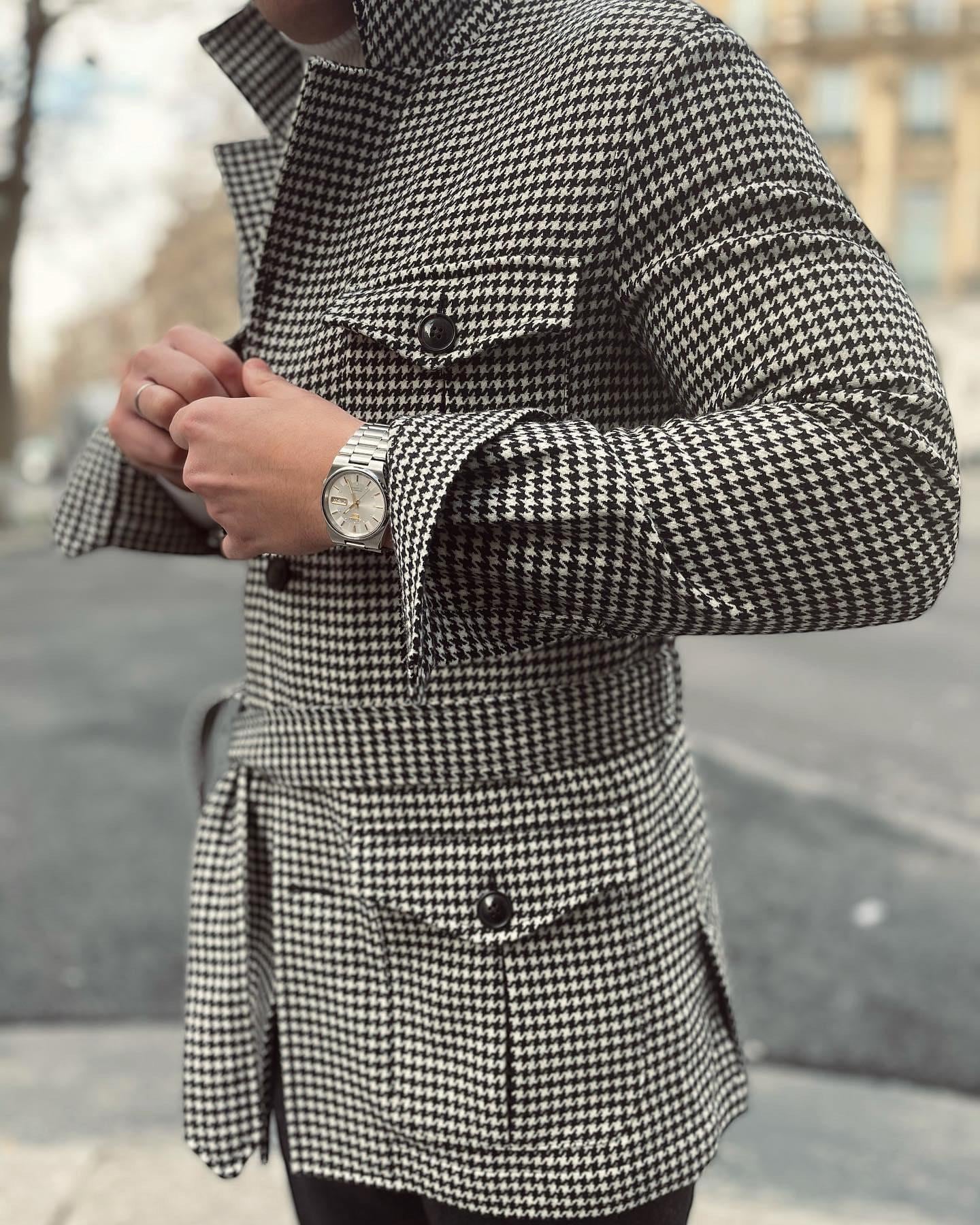 MEN'S 1920s Black White Houndstooth Safari Jacket, Belted Safari