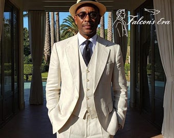 Men's 1920s Beige Linen Three Piece Suit, Vintage Style