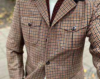 MEN'S Brown Houndstooth Safari Jacket, Tweed Safari Jacket, Wool Safari Jacket, Vintage Safari Jacket, Vintage Houndstooth Safari Jacket.
