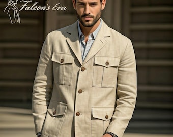 Beige linnen safarijack heren jaren 1920, reisjack met 4 zakken