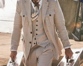 Men's Beige Linen 3 Piece Slim Fit suit, Wedding Groom Party Wear Coat Pant, Groom Suit, Summer Party suit, LINEN SAFARI SUIT