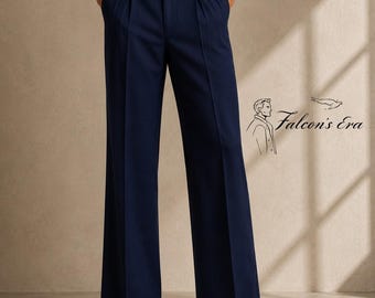Men's 70s Style Wide Ankle Navy Blue Flared Trouser - Disco Trouser - Business Trouser.