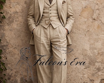 May include: A three-piece beige suit with a straw hat. The suit includes a jacket, vest, and pleated trousers. A patterned tie and pocket square add detail. The text "Falcon's Era" is visible on the image.