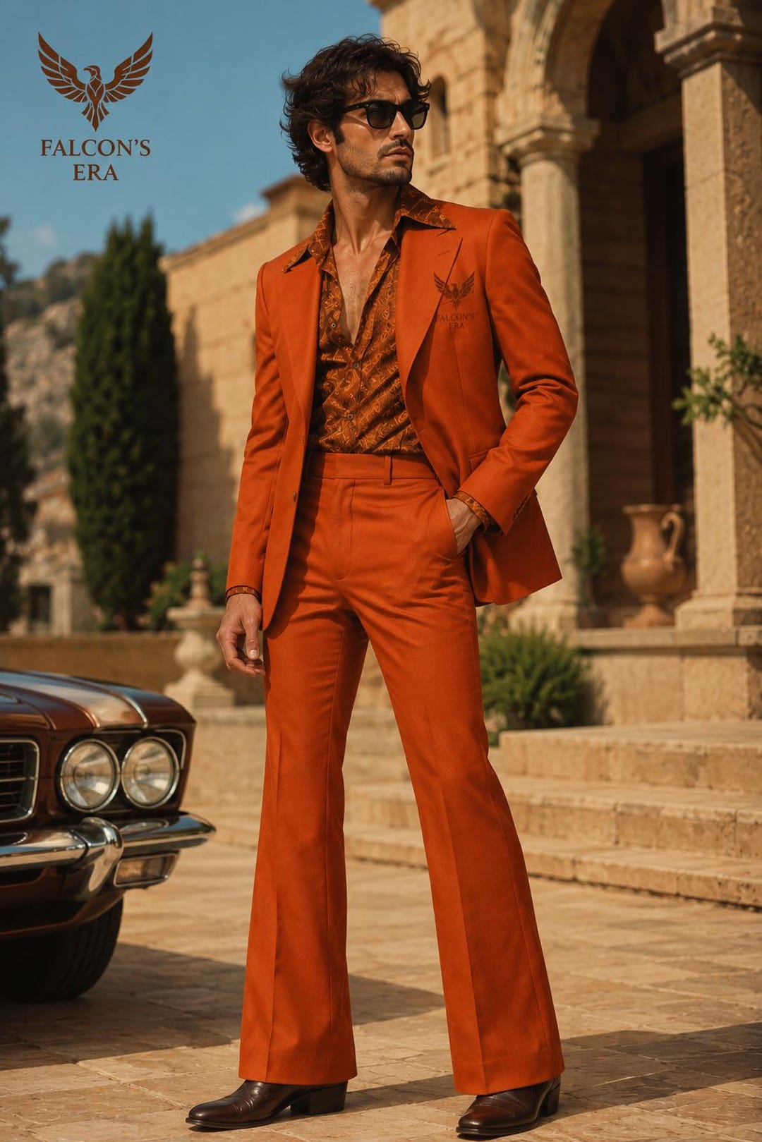 USED VINTAGE セットアップ　スーツ　コーデュロイ　オレンジ　ブリーチ Vintage 70s Burnt Orange Flared Suit| Wide Lapel Blazer, Two