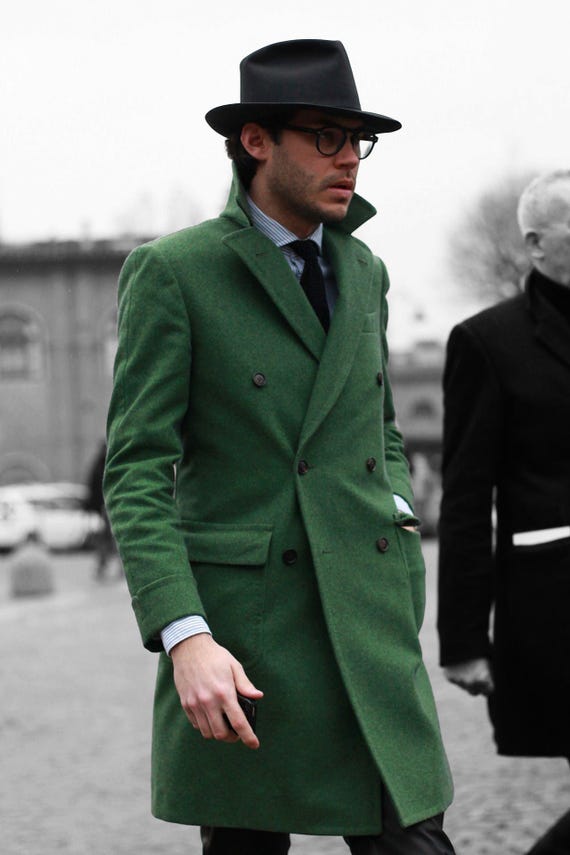 Herren Grün Zweireihiger Mantel Knielangen Mantel Vintage