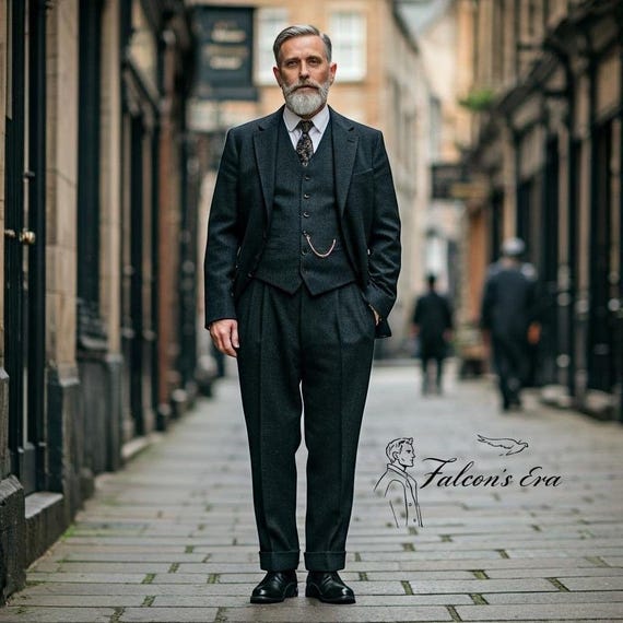 Men's 1920s Style Black Wool Single Breasted Piece Suit, Tweed