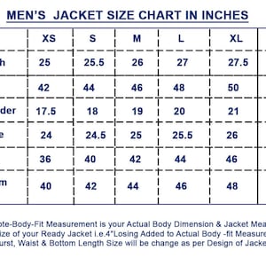 Op de afbeelding: Een tabel met de maten van herenjassen in inches. De tabel bevat de maten voor lengte, borst, schouder, mouw, taille en onderkant.