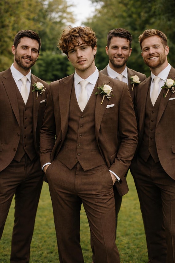 タキシード ブラウン スリーピース Falcon's Brown 3 Piece Wedding Suit, Terry Rayon Business Attire