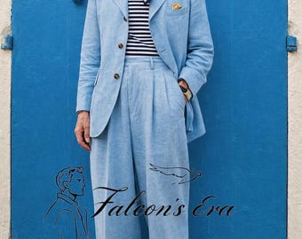 Men's Sky Blue 1920s Style Linen Suit, Summer Beach Wedding Two-Piece