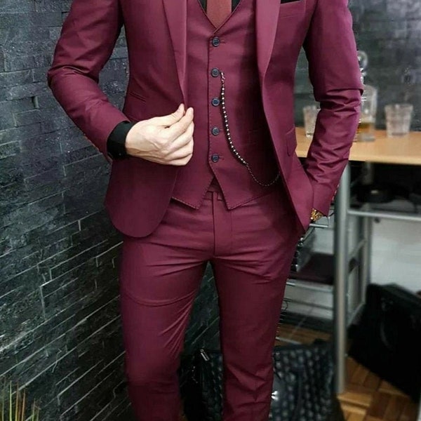 Men's Three Piece  Suit ,Burgundy Mens Suit for Wedding, Engagement, Prom, Groom wear and Groomsmen Suits, Anniversary Gift, Gift For Husban