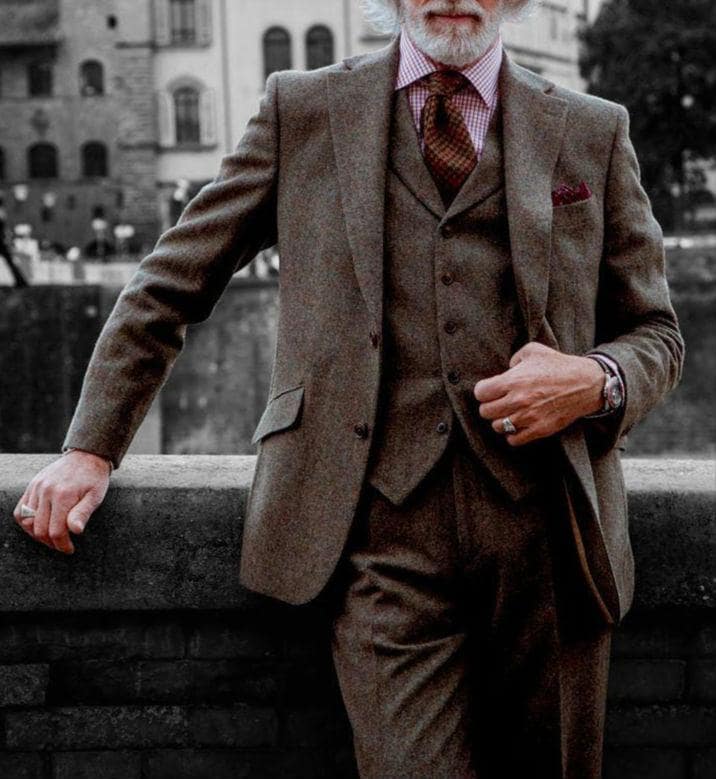 Men's 1920s Retro Dark Brown Wool Suit . Tweed Brown 3 Piece Suit