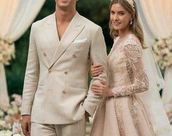 Men's Linen Beige Double Breasted Suit, Linen Wedding suit, Beach Wedding Linen Suit, Summer Wedding Two Piece Suit.