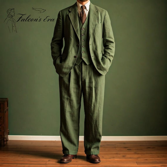 Abito da uomo in lino verde oliva anni '20 a tre pezzi, abito