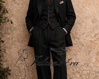 May include: A three-piece charcoal suit with a straw boater hat. The suit includes a jacket, vest, and pleated trousers. A patterned tie and pocket square add detail. The image includes the text "Falcon's Era".