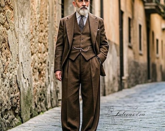 メンズ レトロ スーツ ブラウン ウール 1920 年代 3 ピース スーツ