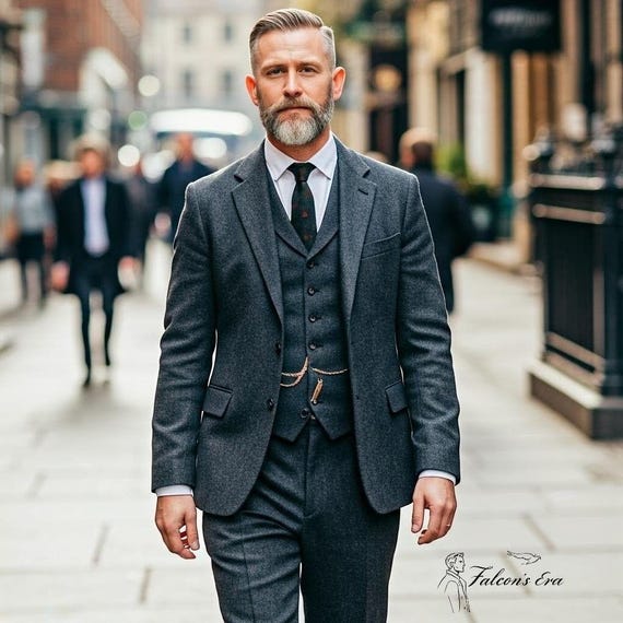 Traje de tweed gris carbón de tres piezas estilo años 20 para