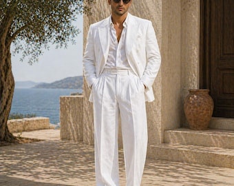 Men's 1920s White Linen Double Breasted Suit, Summer Wedding
