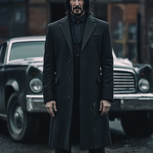 1920s Unisex Black Wool Long Coat, Gangster Style Overcoat