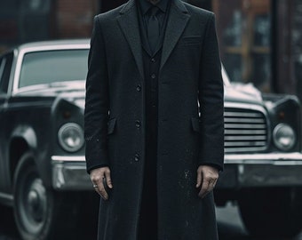 Cappotto lungo unisex in lana nera anni '20, soprabito in stile gangster