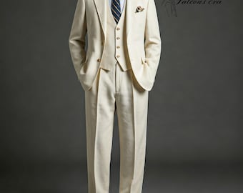 Men's Cream Linen 1920s Three Piece Suit, Summer Wedding