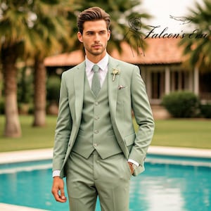 Abito da uomo slim fit verde salvia a tre pezzi - Abito da matrimonio, ballo di fine anno, business, abito da sposo estivo