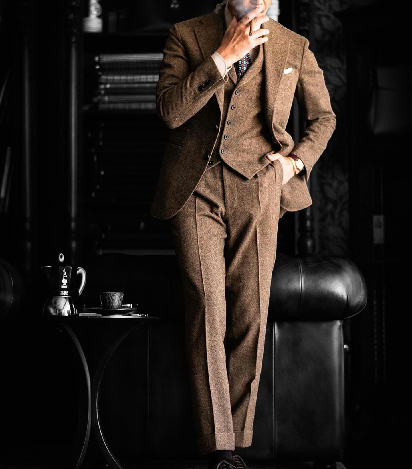 Men's 1920s Retro Brown Wool Suit Tweed Brown Piece Suit