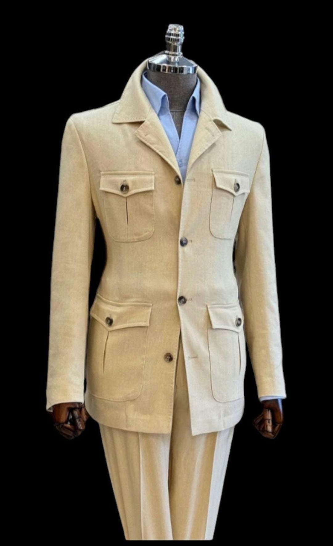 2388Rセットアップ Safari & Travel Clothing 80s Men's 1920s Cotton Linen Two Piece Safari Suit, 90s Safari