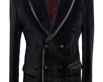 Mens Black Velvet Double Breasted Blazer, Dinner Party Jacket
