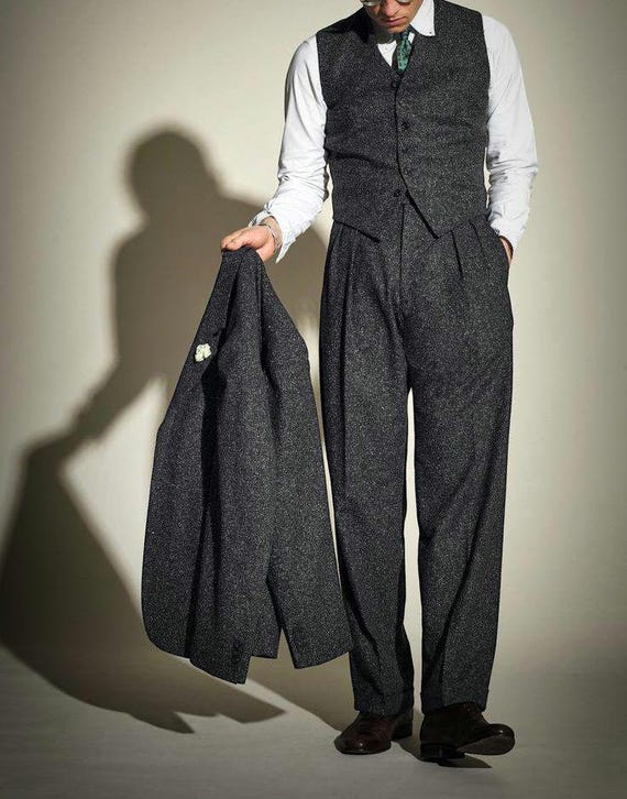 Abito da uomo in tweed grigio stile anni '20, monopetto, pezzi