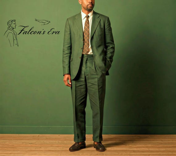 Abito da uomo in lino verde oliva stile antico, due pezzi, abito